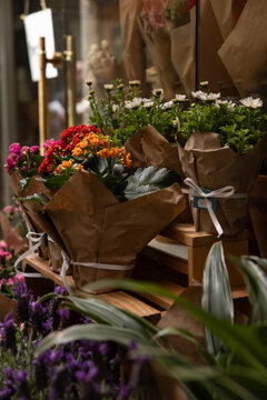 flower shop outdoor in Europe, colorful blossoms, wrapped in brown paper