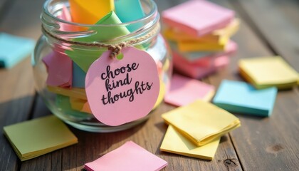 Fototapeta premium Glass jar full of colorful folded paper notes with affirmation text choose kind thoughts. Small notes scattered on wooden table surface. Positive thinking concept.