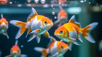 Fototapeta premium Orange and white goldfish swimming in a freshwater aquarium with bubbles high-quality professional