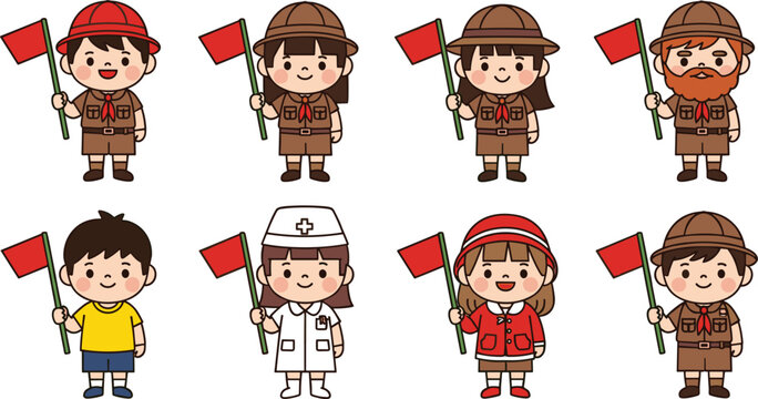 Cute Scout and Nurse Character Set with Boys and Girls Holding Red Flags in Uniforms for Kids, Education, and Community Designs