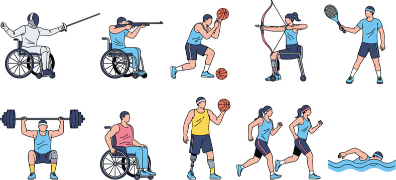 Paralympic and Adaptive Sports Athlete Character Set with Wheelchair, Fencing, Shooting, Archery, Basketball, and Swimming for Inclusive Designs