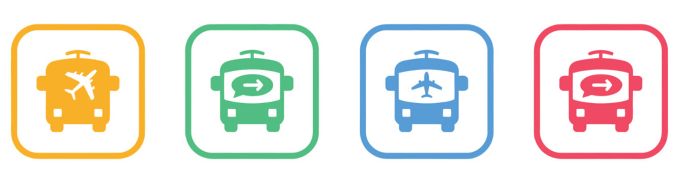 Airport shuttle bus icon collection, transportation and terminal transfer symbols in multicolor flat vector style, travel and logistics concept illustration.