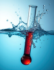Plakat Thermometer plunged into water shows high heat. Red liquid rises indicating hot temperature. Water splashes around glass tube. Scientific experiment measuring warmth.