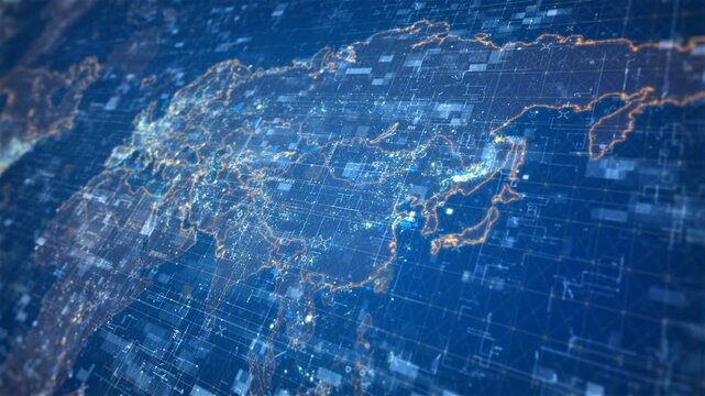 Digital globe earth map with animated glowing data network connections and communication grid lines.