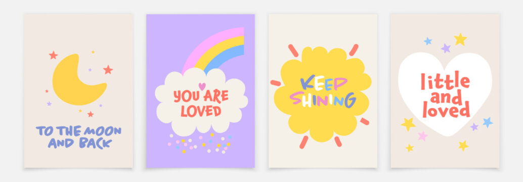 Posters with inspirational phrases for the children's room. Posters in pastel colors with elements of the moon, rainbow and heart.