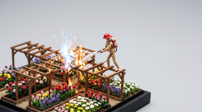Firefighter action in miniature garden wildfire insurance awareness high fidelity model controlled environment