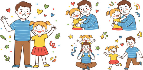 Fototapeta premium Happy father and daughter bonding moments set with piggyback ride hugging and playing vector illustration.