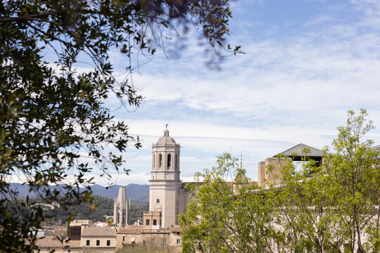 view of Girona church framed by trees in foreground, Spain
