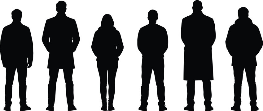 Silhouette, people, standing, black, icons, set of 6, vector graphics