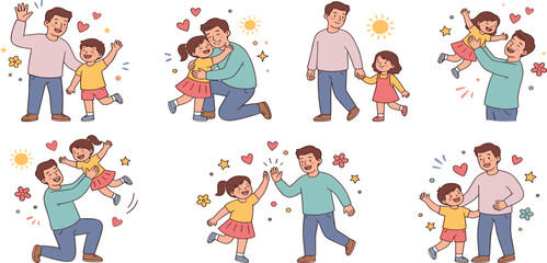 Fototapeta premium Happy father bonding with children set featuring hugging playing and walking together vector illustration.