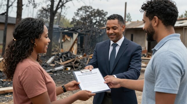 Wildfire insurance claims process survivors receiving assistance after devastating fires community recovery outdoor ground level