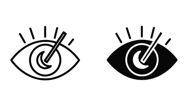 Black and white eye icons with light rays and focus effect
