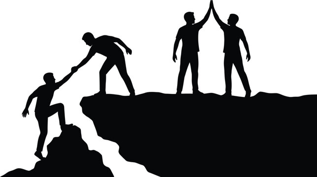 Teamwork, partnership, support, helping hand, business concept, silhouette icons, vector graphics