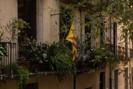 lush balcony, Girona, Spain, spanish flag, traditional building