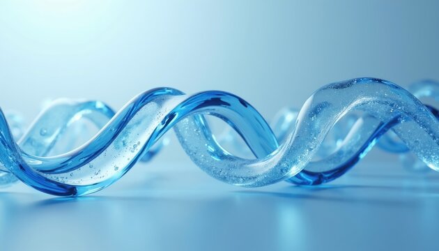 Abstract blue fluid forms a helix shape. Transparent liquid with air bubbles twists in curves. Clean background for modern design, branding or web.