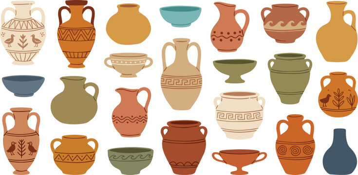 Large collection of ancient greek and roman ceramic pottery vases amphoras and bowls vector illustration.
