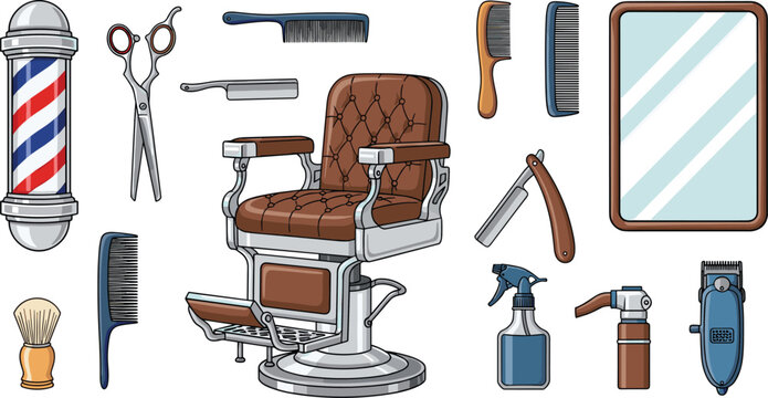 Barbershop Tools and Equipment: Scissors, Razor, Comb, and Chair in Vector Illustration