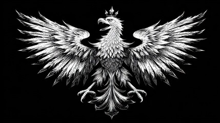 Fototapeta premium Hand drawn heraldic eagle with spread wings and a crown on a black background vintage royal coat of arms illustration, majestic bird emblem, imperial power, and noble heritage graphic design art.