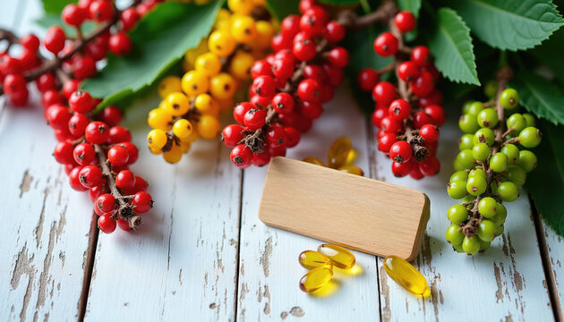 Barberry berries grow on branches next to yellow capsules. Wood plank and light background. Natural herbal supplement for health and wellness.