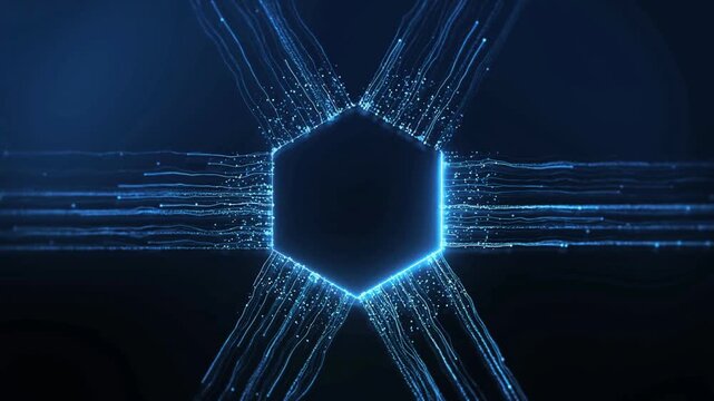 Dynamic blue hexagon network with glowing particles and light streaks motion.