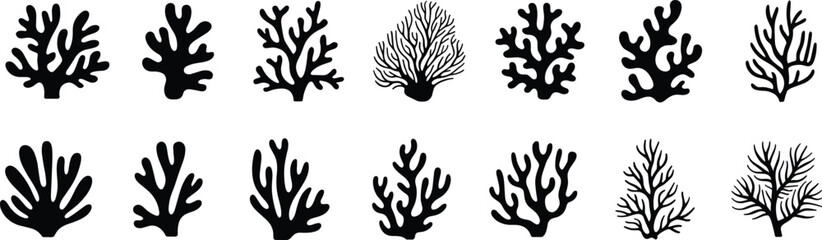 Collection of black coral reef silhouette icons and marine seaweed shapes isolated on white background for underwater nature design and ocean life illustration projects. © Arifa