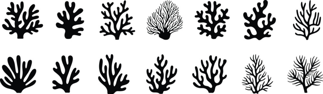 Collection of black coral reef silhouette icons and marine seaweed shapes isolated on white background for underwater nature design and ocean life illustration projects.