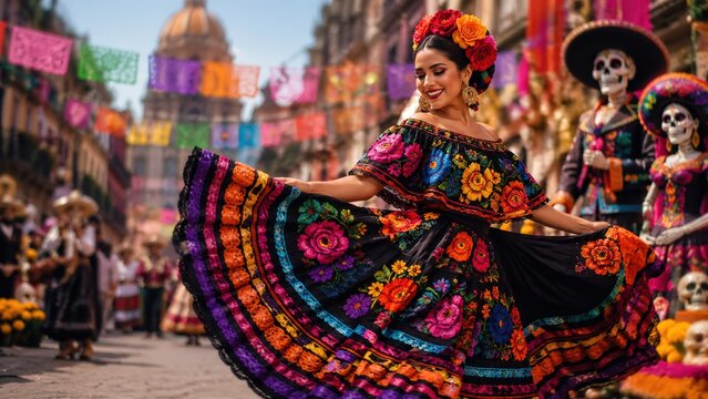 Colorful Dance Celebration: A Dancer in Traditional Mexican Attire Flourishes Amidst Vibrant Decorations and Festive Atmosphere, Showcasing Cultural Heritage