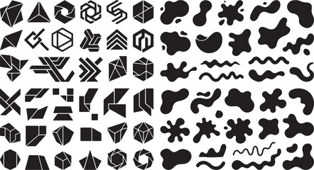 Obraz premium Abstract geometric and organic shapes silhouette megaset featuring crystalline forms liquid splashes wavy lines and minimalist design elements isolated on white background vector collection