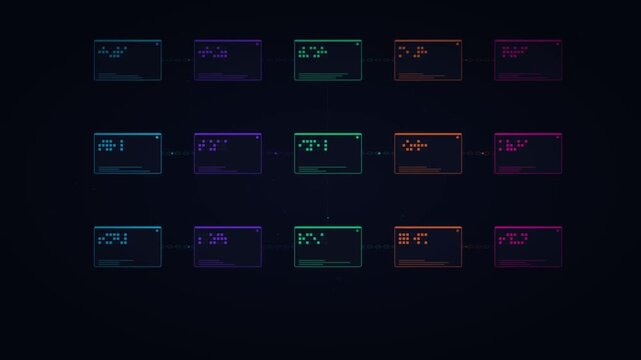 Futuristic digital data blocks interface, neon glowing information grid on dark background, high-tech abstract server network visualization