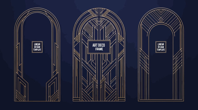 Set of three art deco style golden frames on a dark blue background