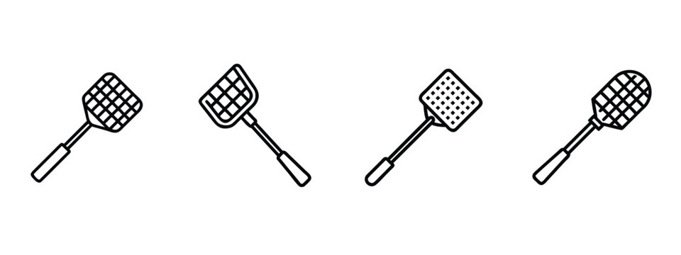 Fly swatter web line icons set mosquito killer pest control manual equipment & more vector illustration with editable stroke