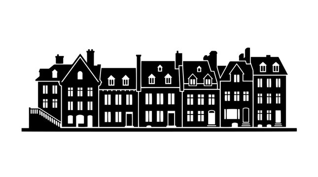 Vector silhouette of historic street with row houses and gabled roofs, architectural landmark art