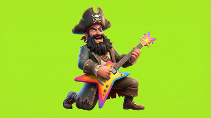 Fototapeta premium 3D cartoon pirate character playing electric guitar on green screen