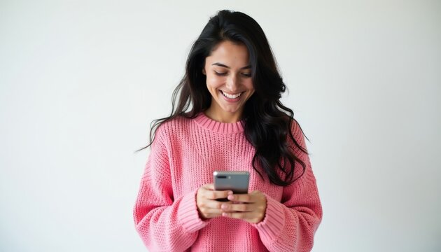 Young woman in pink sweater smiles looking at her phone. She is holding a mobile device and texting or browsing. This represents digital connection and happiness.