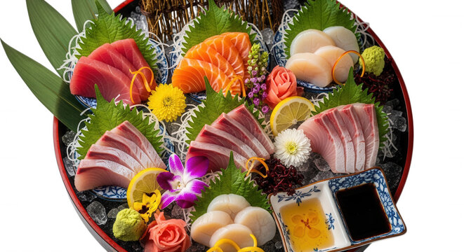 Assorted sashimi platter with tuna, salmon, scallops, and yellowtail served on ice with shiso leaves, lemon, ginger, and soy sauce on black