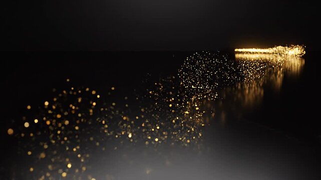 Golden Glitter Particle Trail Reflecting on Glossy Surface with Sparkling Light Path on Dark Background Luxury Abstract Motion Effect
