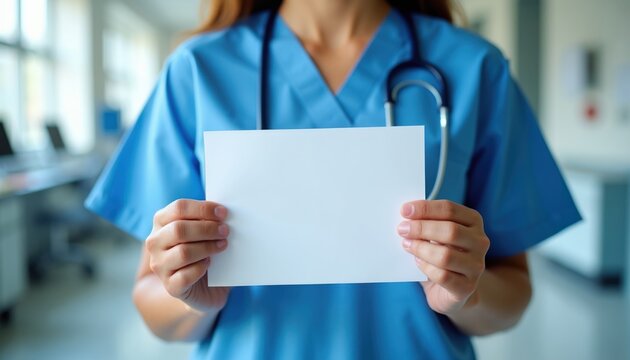 Medical professional in blue scrubs holds blank white paper. Stethoscope around neck suggests healthcare role. Space for text in hospital corridor setting.