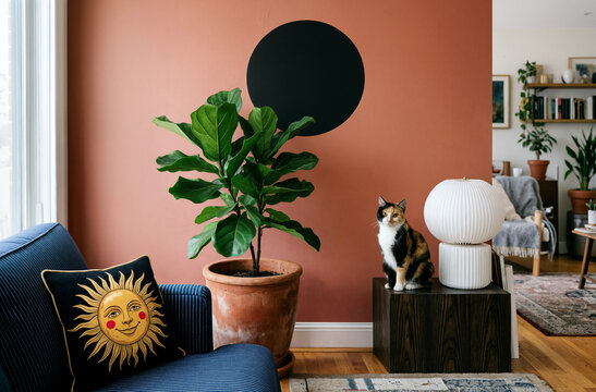 Cozy Living Room with Cat, Plant and Sun Pillow