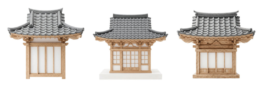 Miniature traditional japanese buildings with tiled roofs on white isolated on transparent background