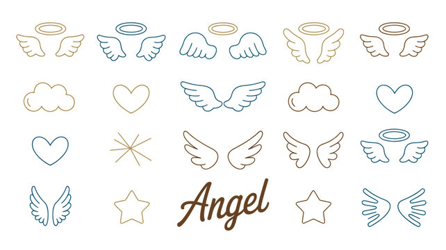 Collection of cute angel doodles with wings, halos, hearts, stars, and hands in simple line art style