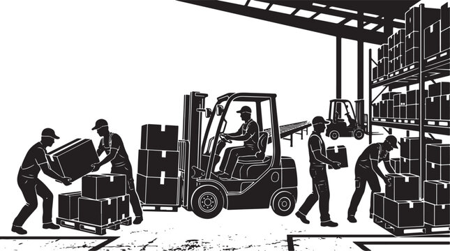 Warehouse and logistics silhouette panorama featuring workers moving boxes with forklifts and storage shelving units isolated on white background for industrial vector illustration collection