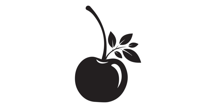 Minimalist black cherry silhouette set with leaves on white background, Black silhouette of two cherries with a leaf on a white background cherry fruit, cherry black silhouette logo icon, pro vector