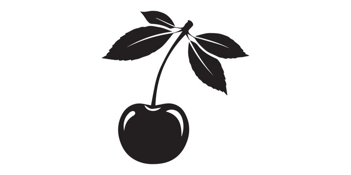 Minimalist black cherry silhouette set with leaves on white background, Black silhouette of two cherries with a leaf on a white background cherry fruit, cherry black silhouette logo icon, pro vector