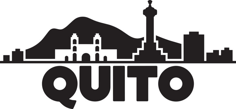 Quito ecuador city skyline vector illustration with landmarks mountains and bold text silhouette