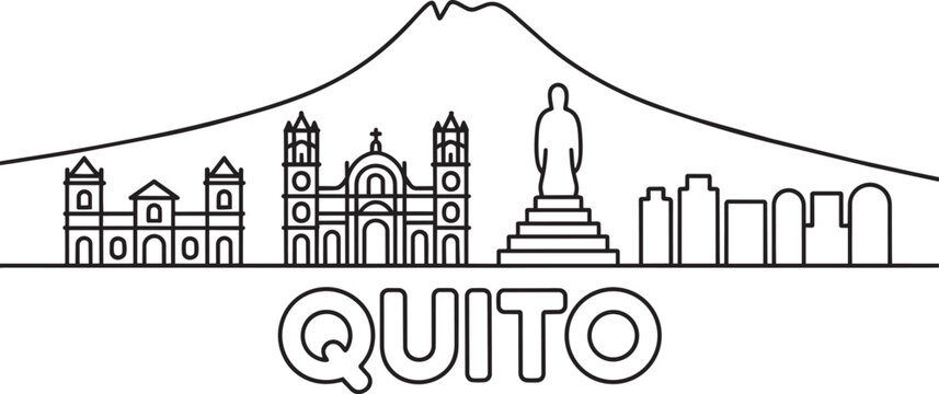 Quito ecuador skyline vector illustration with mountain peak historic churches and statue landmark