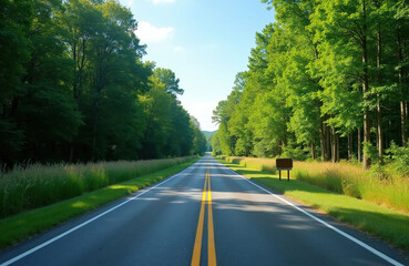 Fototapeta premium Open road stretches through rich green forest with tall trees lining both sides. Blue sky with white clouds above a paved highway. Nature park drive with yellow lines on asphalt.