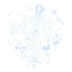 Naklejka premium Bright white lightning bolt discharge with branching electrical tendrils and glowing plasma sparks isolated on a solid black background
