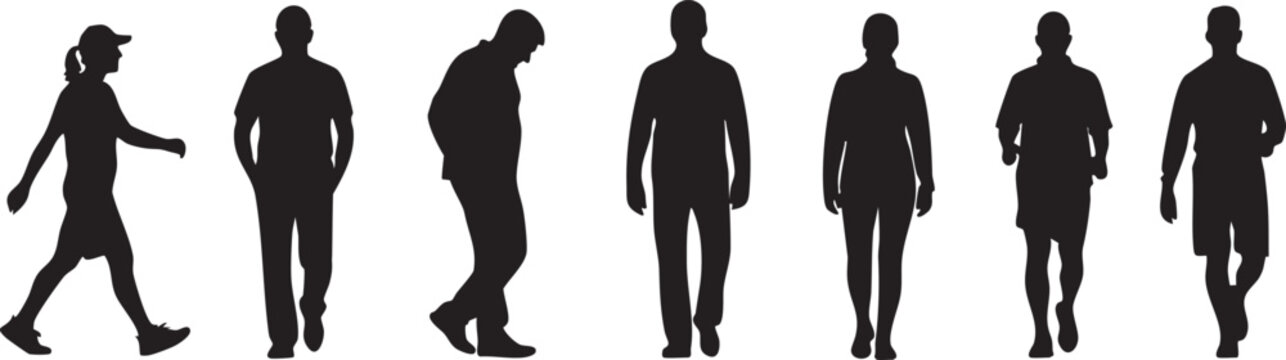 Human silhouettes in various poses a study of movement and form