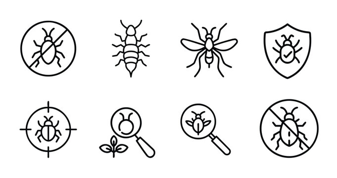 Pest control web line icons set insect protection bug detection & more vector illustration with editable stroke