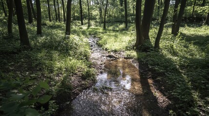 Obraz premium A tranquil forest stream flows through a sun-dappled clearing in springtime